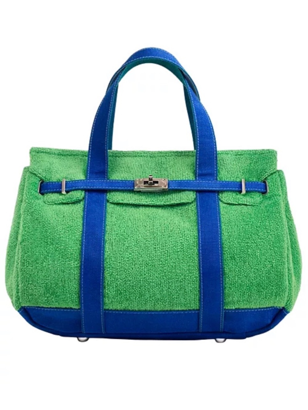 SUNWIN Boatkin Green and Blue Contrast Terry Birkin Tote Bag Top Handles